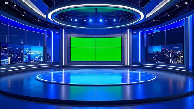Modern television studio with a green screen and city views.