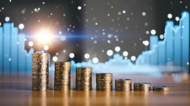Stacks of coins representing financial growth and investment over a blue graph.
