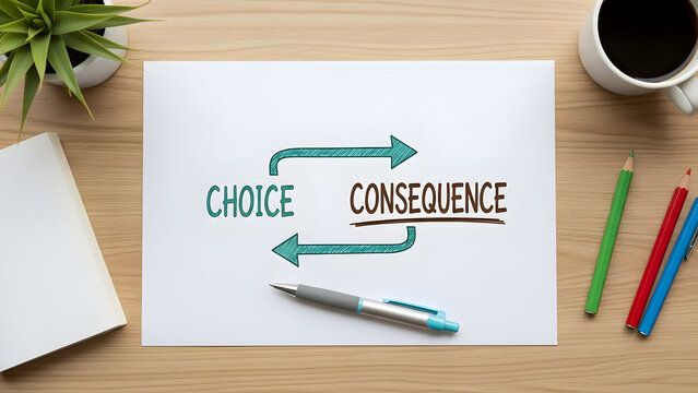 A well-lit, overhead shot of a white sheet of paper displaying the words "Choice" and "Consequence" in an arrow diagram to illustrate decisions.