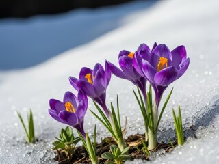 Purple Crocus Flowers Emerging from Snow - Springtime Bloom, Close-up