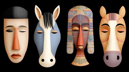 African inspired masks representing culture and people on black background