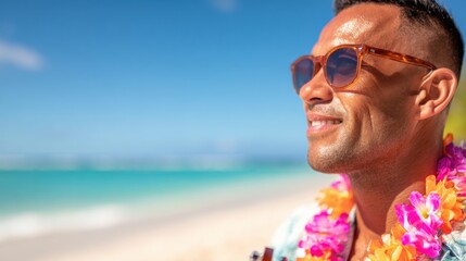 Man enjoys sunny beach day while wearing sunglasses and floral necklace