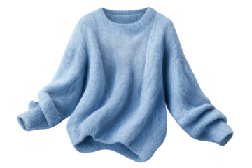 Light blue fuzzy knit sweater with long sleeves, soft wool apparel for cozy winter fashion, transparent background