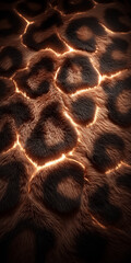 Furry abstract surface with glowing cracks and animal print texture, resembling a stylized heated leopard skin.