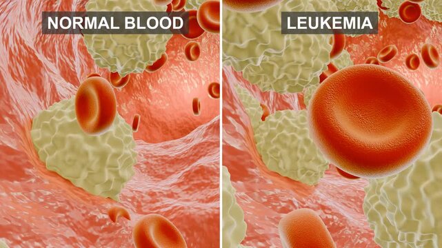 3D animation about leukemia. Comparison of normal blood and blood from a leukemia patient. Suitable for presentations and children's learning.