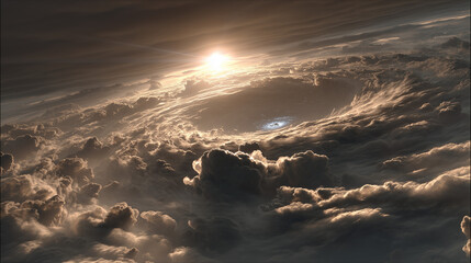 Surreal sunrise above thick clouds swirling into a glowing galactic vortex, evoking awe and cosmic wonder.
