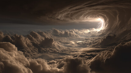 Dramatic fantasy sky with swirling storm clouds forming a tunnel and lightning strike in a surreal, atmospheric environment.