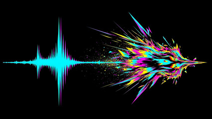 Vibrant sonic spectrum explosion with energetic waveforms against a stark backdrop