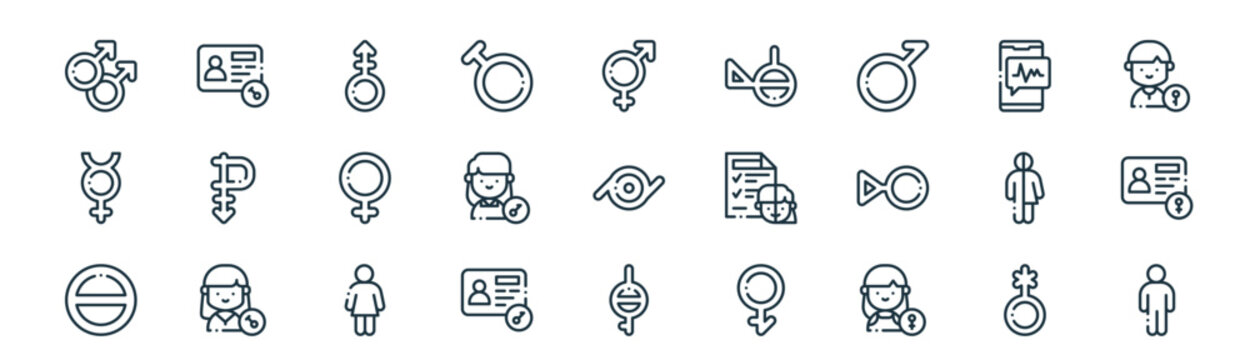 modern linear identity icon set. vector thin line outline symbols for ui/ux app and web interfaces. minimal stroke collection including genderqueer, gender identity, androgyne, voice recognition,