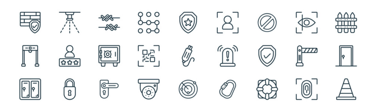 modern linear protection and security icon set. vector thin line outline symbols for ui/ux app and web interfaces. minimal stroke collection including fingerprint, sprinkle, barbed, eye scanner, qr