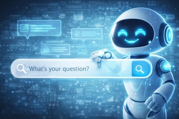 A Friendly Chatbot with a Smiling Face Engaging Users and Encouraging Questions in a Futuristic Digital Environment Filled with Data Visualizations