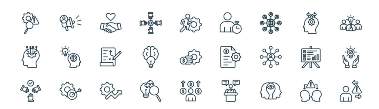 modern linear problem solutions icon set. vector thin line outline symbols for ui/ux app and web interfaces. minimal stroke collection including conflict management, persuasive, relationship,
