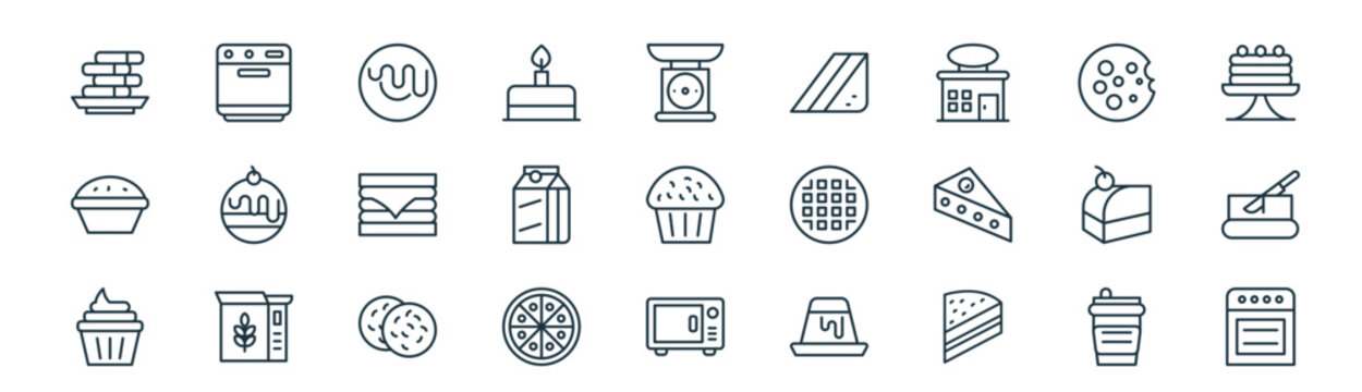 modern linear bakery icon set. vector thin line outline symbols for ui/ux app and web interfaces. minimal stroke collection including soda, burner, cream, biscuit, milk, butter, oven, burner.
