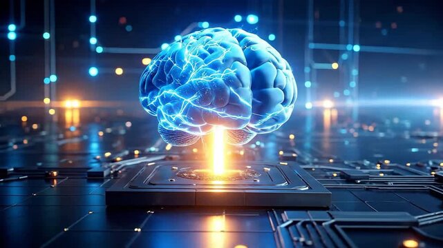 Digital brain connected to a computer chip with lights and circuitry.