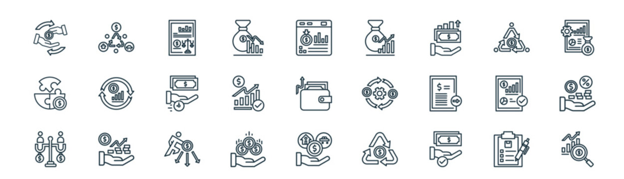 modern linear financial statement icon set. vector thin line outline symbols for ui/ux app and web interfaces. minimal stroke collection including inventory, current ass, balance sheet, working,