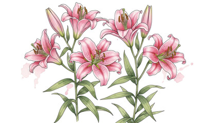 lillies drawing pink watercolor flowers botanical floral blooming png