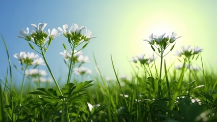 Obraz premium White Flowers and Green Grass in Sunlight, Summer Meadow, Nature Background