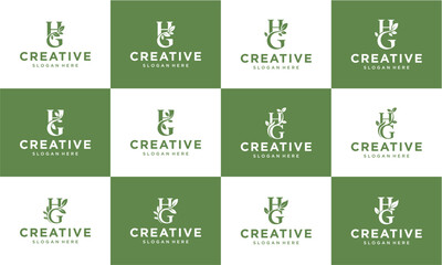 A grid of twelve "HG Creative" logos with stylized leaf and floral elements on alternating green and white backgrounds.