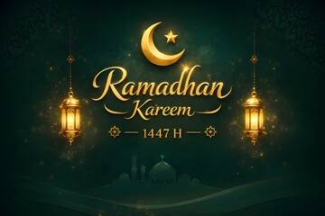 Celebrate the holy month with this elegant 1447 H Ramadan Kareem greeting featuring golden lanterns, a glowing crescent moon, and a beautiful mosque silhouette on a premium dark green backdrop