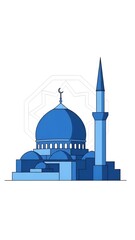 Blue mosque and minaret against white background: Eid greeting card design