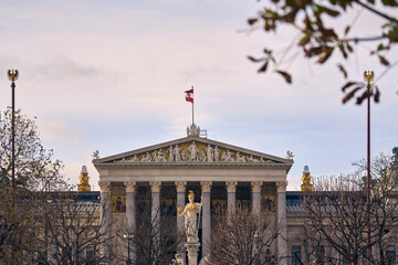 Historic Austrian Parliament Building in Vienna showing the faca
