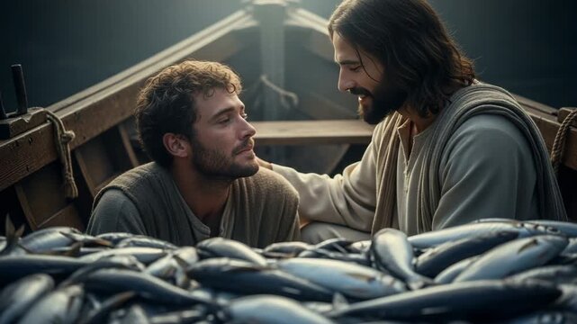 catch of fish - AI genereted video of The Miraculous Catch of Fish: A Cinematic Scene of Jesus Calling Peter to Become a Fisher of Men .