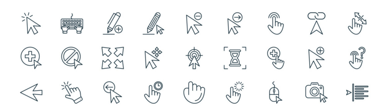 modern linear cursors icon set. vector thin line outline symbols for ui/ux app and web interfaces. minimal stroke collection including camera, typing, pen, cursor, cursor, cursor, drag, align.