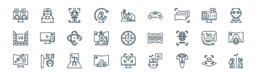 Obraz premium modern linear virtual reality vr icon set. vector thin line outline symbols for ui/ux app and web interfaces. minimal stroke collection including d, vr head, body scan, software, virtual reality