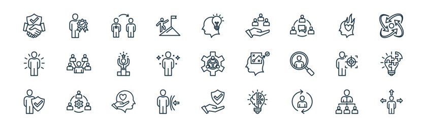Fototapeta premium modern linear leadership icon set. vector thin line outline symbols for ui/ux app and web interfaces. minimal stroke collection including delegate, authenticity, mentor, passion, charisma, problem