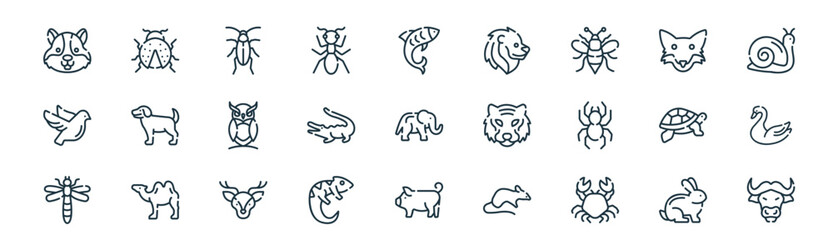 modern linear animals icon set. vector thin line outline symbols for ui/ux app and web interfaces. minimal stroke collection including rabbit, ladybug, cockroach, fox, alligator, swan, pig, buffalo. © XS Works