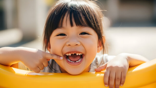 Capture the joy of childhood with this adorable image of a young girl proudly displaying her missing front teeth, a symbol of growth and change now.