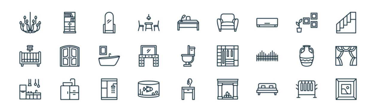 modern linear home and living icon set. vector thin line outline symbols for ui/ux app and web interfaces. minimal stroke collection including clothes hanger, bookshelf, standing, decoration,