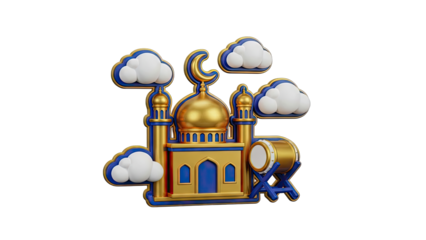 3D Mosque with Crescent Moon, Drum, and Clouds