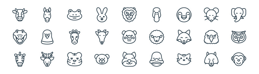linear animal head icon pack. vector thin line icons collection such as wolf, horse, frog, mouse, goat, owl, squirrel, monkey © Icon World
