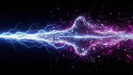 Dynamic electric discharge with particle dispersion on dark backdrop, powerful energy