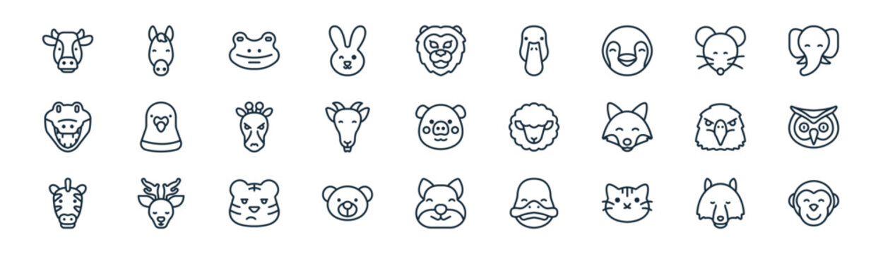 linear animal head icon pack. vector thin line icons collection such as wolf, horse, frog, mouse, goat, owl, squirrel, monkey