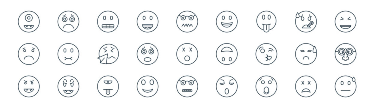 linear emoji icon pack. vector thin line icons collection such as dead, frown, gring, fever, pleading, disguise, nerd, sweat