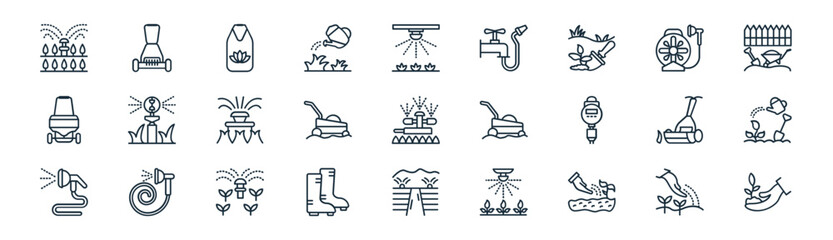 Fototapeta premium linear automatic lawn watering icon pack. vector thin line icons collection such as seeding, lawn mower, apron, water pipe, lawn mower, water spray, water spray, seeding
