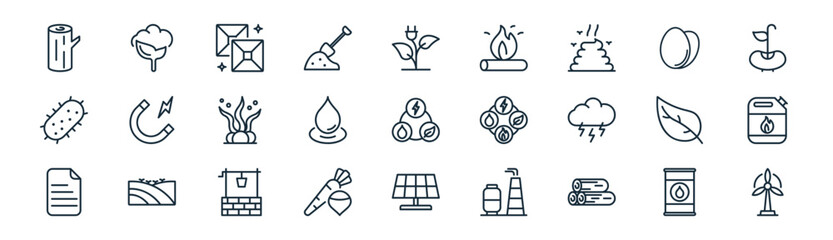 linear natural resources icon pack. vector thin line icons collection such as oil barrel, cotton, gem, eggs, zen, gasoline, solar panel, wind energy © Icon World