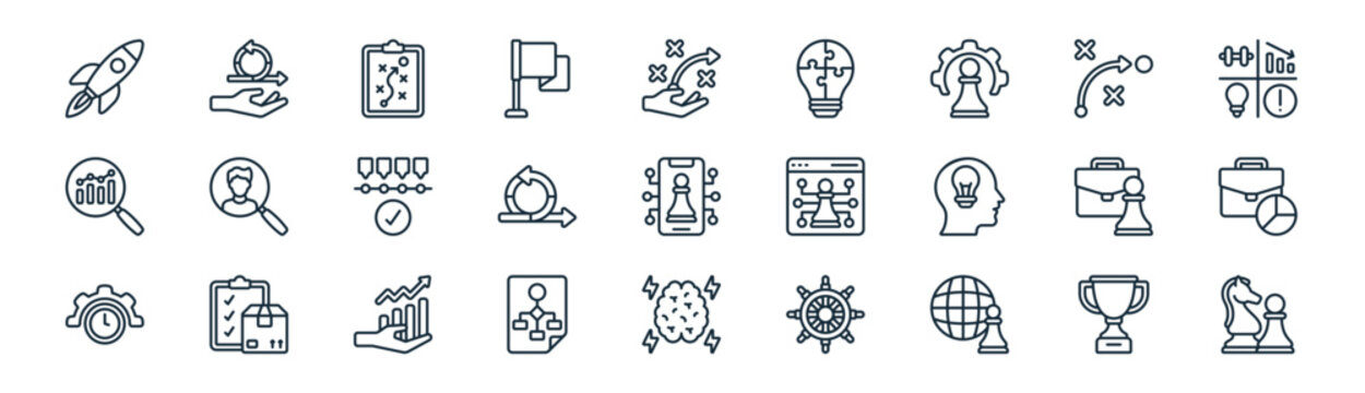 linear strategy and planning icon pack. vector thin line icons collection such as trophy, agile, planning, strategic plan, agile, pie chart, brainstorm, strategy