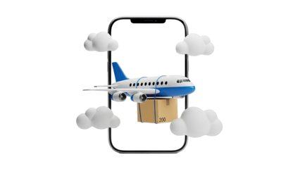 Airplane delivering package through smartphone screen surrounded by clouds