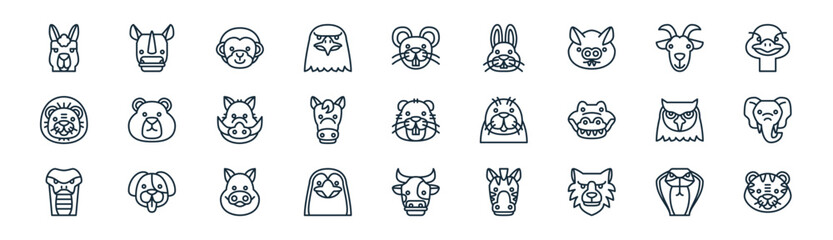 Fototapeta premium linear animal icon pack. vector thin line icons collection such as cobra, rhino, monkey, goat, horse, elephant, cow, tiger