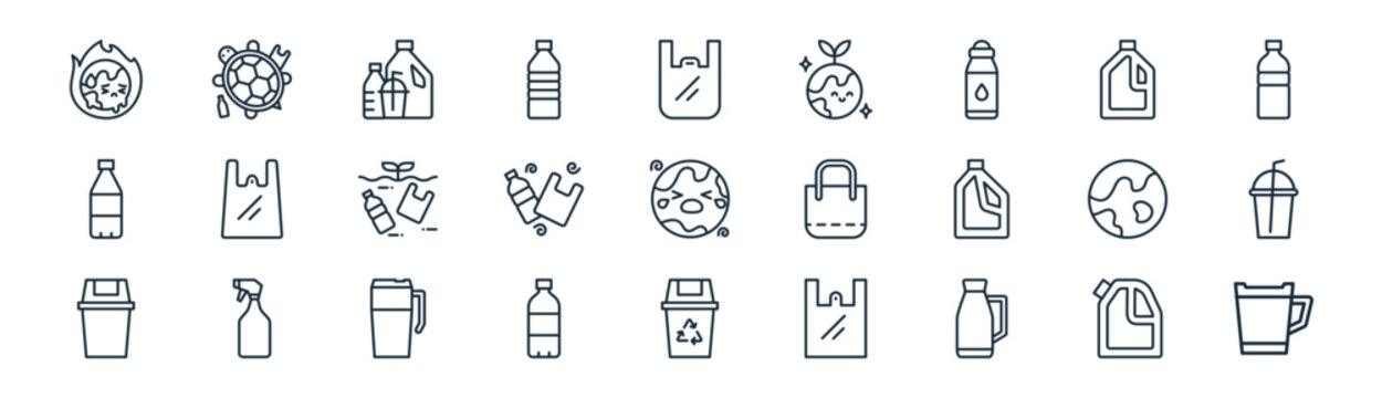 linear plastic pollution icon pack. vector thin line icons collection such as detergent, turtle, plastic bottles, detergent, rubbish, plastic cup, recycling bin, tumbler