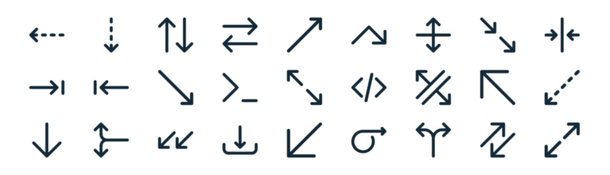 linear arrows icon pack. vector thin line icons collection such as diagonal arrows, down arrow, up down, bottom right, coding, bottom left, bottom left, diagonal arrows