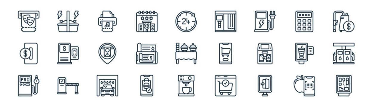 linear self service icon pack. vector thin line icons collection such as scanner, charging, ticket, pin code, phone, fuel station, coffee hine, shopping mall