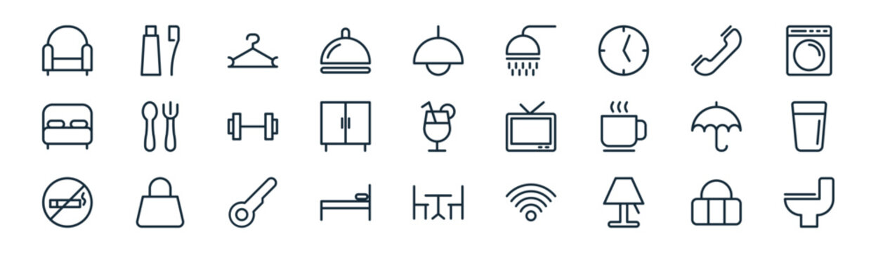 linear hotel and restaurant icon pack. vector thin line icons collection such as baggage, dental care, hanger, telephone, cupboard, glass of water, dining room, toilet