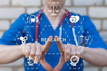 Doctor using virtual touch screen presses the word RESEARCH. Medical Research Laboratory Innovation Future Health Care Concept.