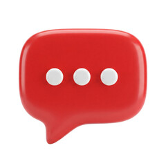 High-quality 3D red speech bubble chat icon with three white dots, isolated on a white background. Concept of communication, messaging, notification, customer support, chat application, social media
