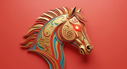 Abstract illustration of a golden horse head with an ornate design against a red background, perfect for creative projects.