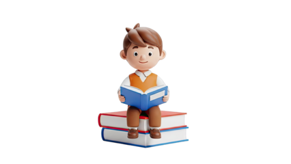 3D Boy Reading Book While Sitting on Stack of Books